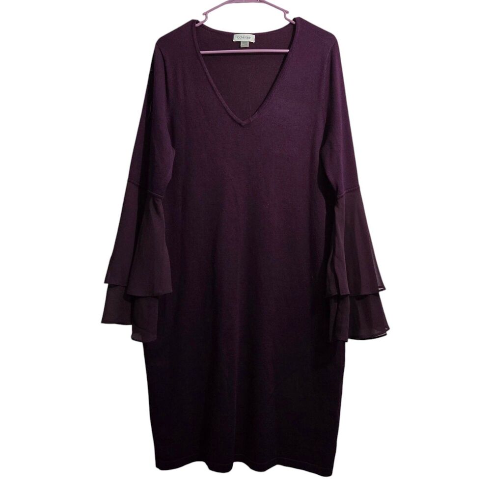 Calvin Klein Shift Dress Women XL Purple Ruffle Long Sleeve V Neck Midi Modest